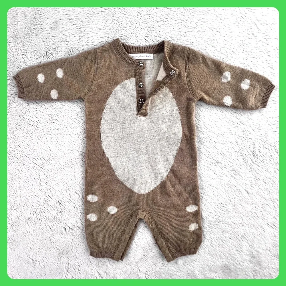 Pottery Barn‎ Kids Infant 0-3m Baby Deer Knit Romper Jumpsuit Brown White Spots